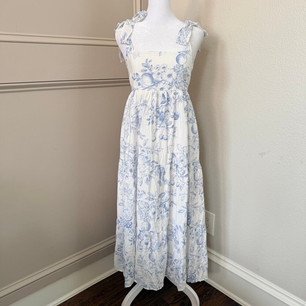 Blu Pepper Fruit Blossom Tie Strap Tiered Midi Sundress Blue Size Small